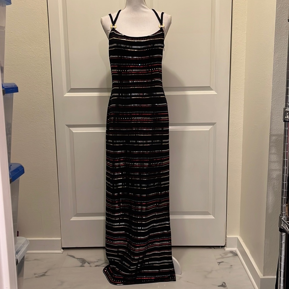 St. John Black and Multicolor Striped Maxi Dress